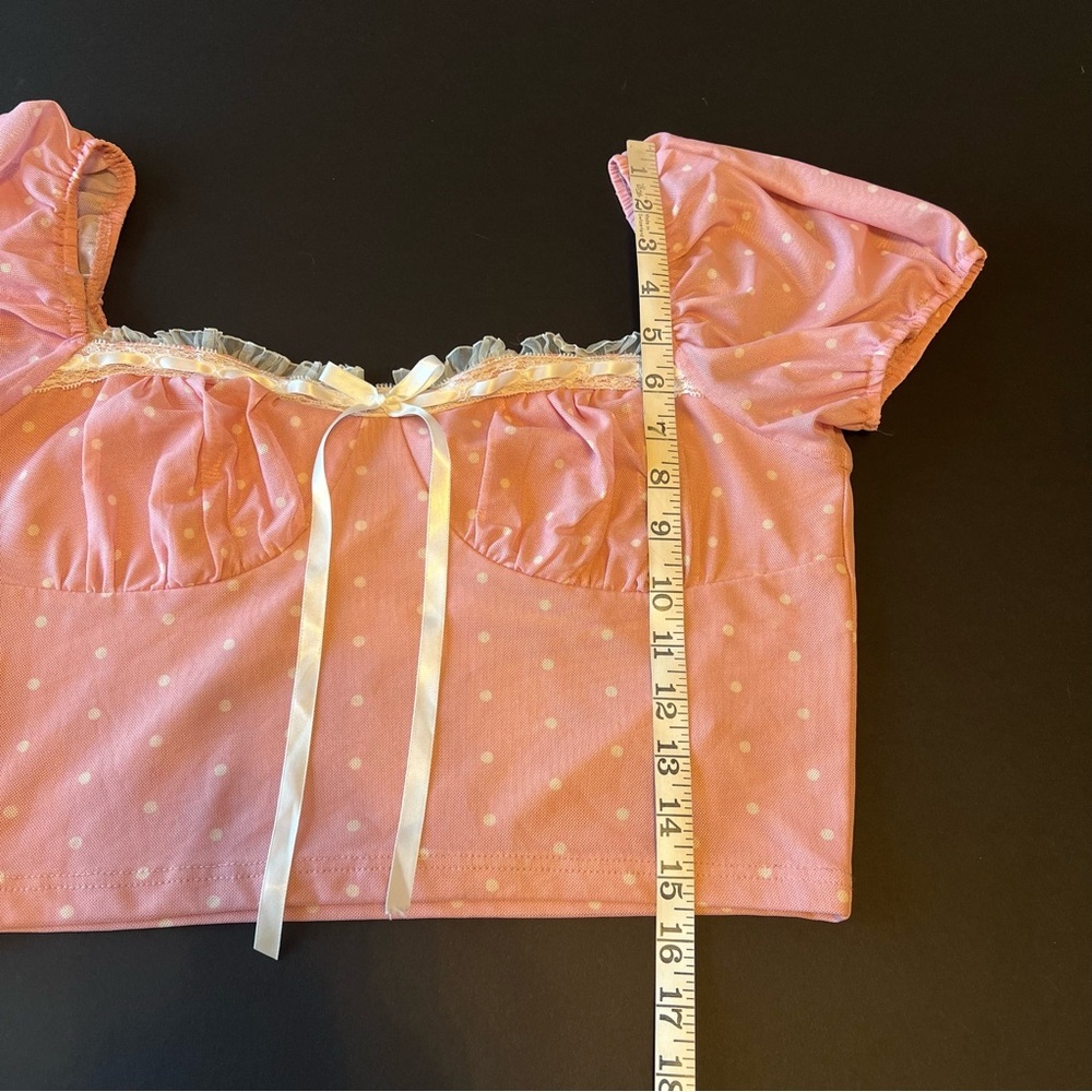 Sugar Thrillz lined mesh crop top, pink with white polka dots, puff short sleeve - Picture 9 of 13